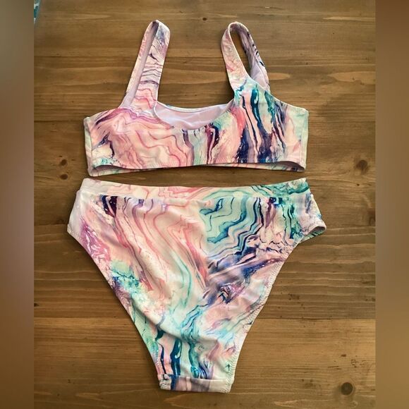 ENVYA SIZE LARGE MARBLE 2 PIECE BIKINI HIGH WAISTED TANK - Picture 3 of 7